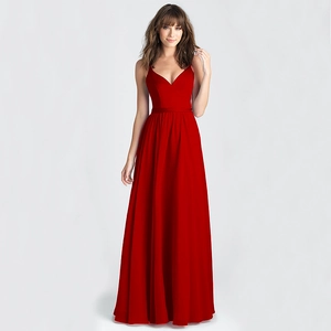 Elegant red V-neck floor-length maxi dress with slim fit and thin shoulder straps