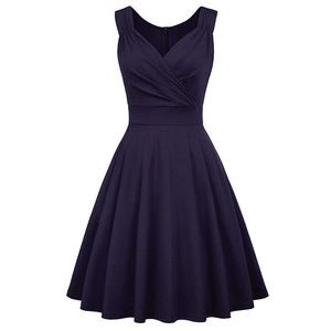 Detail of vintage navy blue sleeveless cocktail dress with pleated V-neck and A-line waist