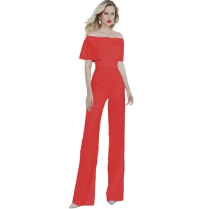Close-up of bright red off-shoulder jumpsuit with ruffled neckline and wide leg cut