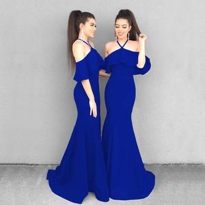 Elegant royal blue mermaid maxi dress with off-shoulder ruffle sleeves and halter neckline