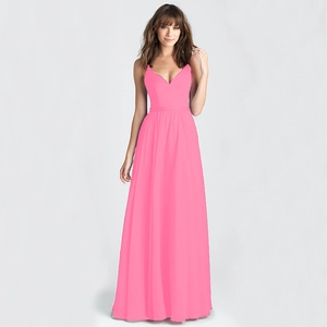 Detail of hot pink V-neck evening gown featuring elegant high waist and flowing A-line cut