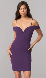 Close-up of a deep purple bodycon dress with spaghetti straps and cold-shoulder neckline