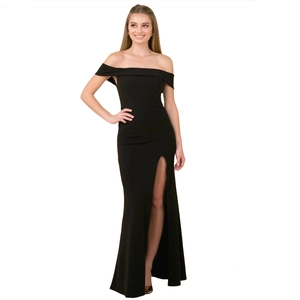Elegante abito da sera nero con spalle scoperte e sexy spacco laterale alto da donna