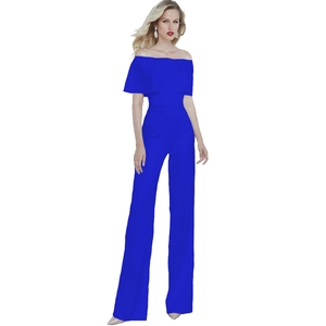 Close-up of royal blue off-shoulder jumpsuit with ruffled sleeves and wide leg design