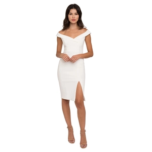 Elegant white off-shoulder midi dress with front slit and crossover neckline detail