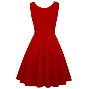 Detail view of the red sleeveless A-line dress back with invisible zipper and pleats