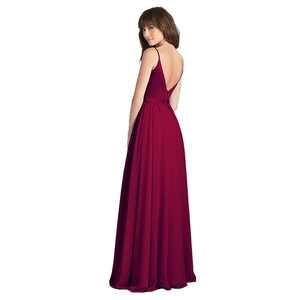 Elegant deep red spaghetti strap long evening dress with satin waist belt and V-back