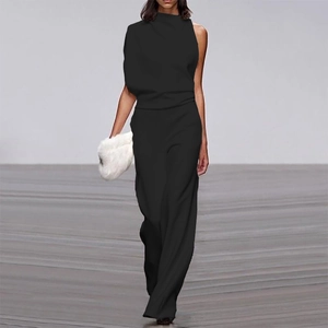 Elegant black one-shoulder jumpsuit with asymmetric draped neckline and wide-leg trousers