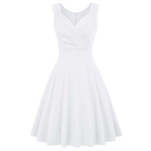 Detailed view of white V-neck sleeveless cocktail dress with pleated waist and A-line skirt