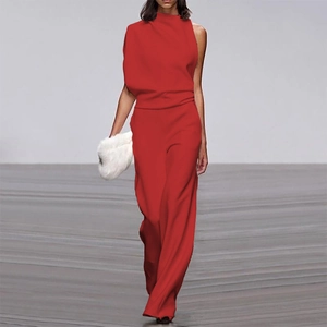 Elegant red one-shoulder sleeveless jumpsuit with wide leg pants for formal occasions