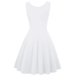 Macro shot of white sleeveless Hepburn style cocktail dress with elegant pleated A-line skirt