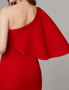Detailed back view of the red one-shoulder evening gown with elegant ruffles