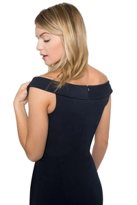 Detail of the back invisible zipper on a navy blue off-shoulder evening dress
