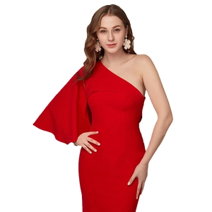 Elegant red one-shoulder evening gown with dramatic ruffle cape sleeve and slim fit