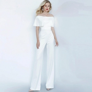 Elegant white off-the-shoulder jumpsuit with ruffled neckline and wide-leg trousers