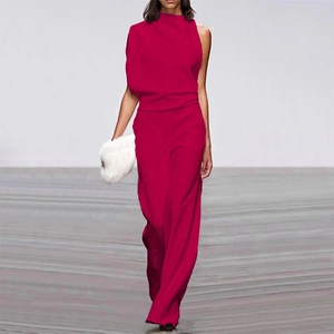 Detail of elegant rose red sleeveless jumpsuit featuring a high-neck and wide-leg trousers