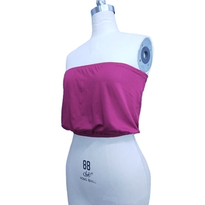 Side view of rose purple elastic tube top on mannequin with ruching detail