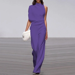 Detail of elegant dark purple sleeveless jumpsuit with high neck and side draping detail