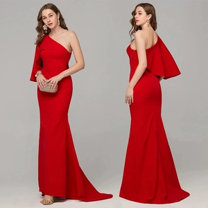 Elegant One Shoulder Ruffle Evening Gown For Women Slim Fit Solid Color Mermaid Maxi Dress For Wedding Party Formal Event