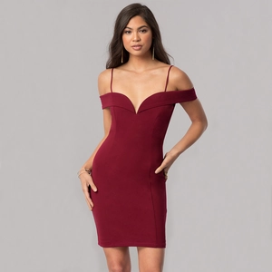 Elegant burgundy off-the-shoulder bodycon cocktail dress with thin straps for women