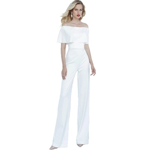 Elegant white off-shoulder jumpsuit with layered neckline and wide-leg trousers style