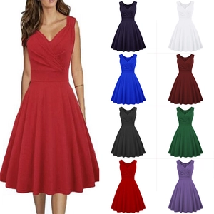 Elegant Vintage V Neck Sleeveless Midi Cocktail Dress Women Hepburn Style A Line Swing Party Evening Prom Dress
