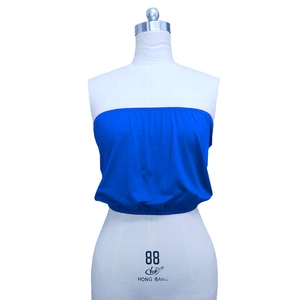 Close-up of royal blue strapless bandeau bra with elastic pleated edges on mannequin