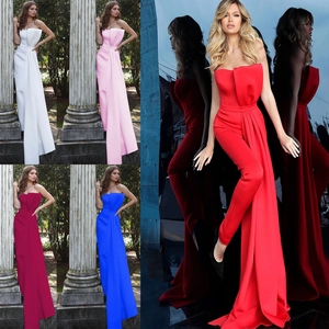 Women Elegant Strapless Jumpsuit Evening Party Dress Slim Fit Long Pants Romper With Side Draped Train Formal Occasion Wear