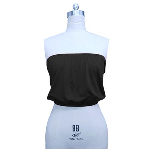 Black elastic tube top for women with ruched edges shown on a white mannequin