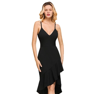 Elegant black V-neck bodycon dress with spaghetti straps and irregular ruffle hemline