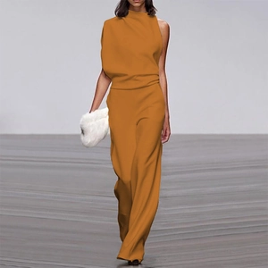 Detail of dark orange sleeveless wide-leg jumpsuit with elegant draped neckline style