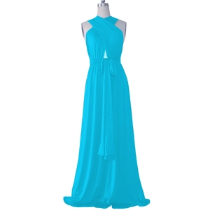 Detail view of sky blue multi-way long skirt with elastic fabric and versatile neck straps