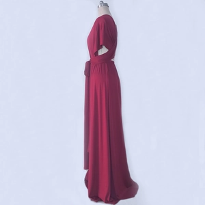 Side view of wine red multi-way infinity long dress on mannequin with stretch fabric