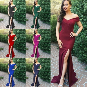 Robe de Soirée Élégante à Épaules Dénudées et Col en V Pour Femmes Fente Haute Coupe Ajustée Longue Robe de Bal Mariage