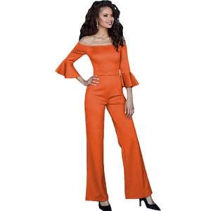 Detailed view of orange off-shoulder jumpsuit featuring layered ruffle bell sleeves and high waist