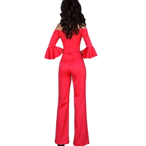 Elegant red off-shoulder jumpsuit with ruffled bell sleeves and flared leg silhouette