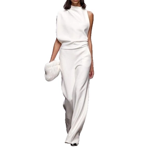 Minimalist white one-shoulder jumpsuit with draped high neck and wide-leg trousers