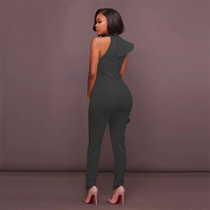 Detail of ruffle back design on dark grey sleeveless halter neck jumpsuit for women