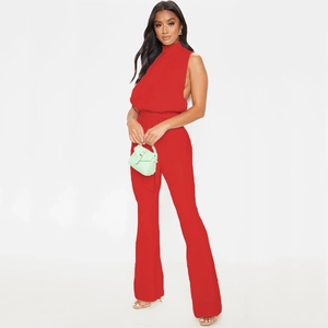 Elegant sleeveless high-neck red jumpsuit with waist belt and wide-leg trousers