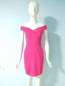 Detail of rose pink off-shoulder dress featuring a cross V-neck and slim fit design