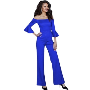 Royal blue off-shoulder jumpsuit with flared sleeves and wide-leg trousers for women