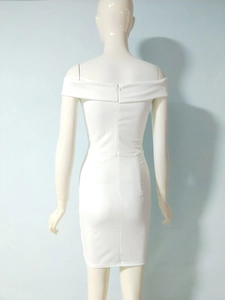 Back view of a white off-shoulder bodycon dress featuring a discreet zipper closure