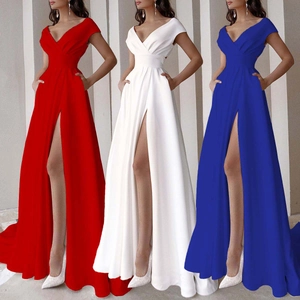 Women Elegant V Neck Satin Maxi Dress Sleeveless High Slit Evening Gown With Pockets Floor Length Party Wedding Dress