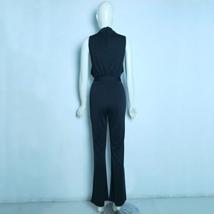 Back view of a sleeveless black jumpsuit with high neck and cinched waist for women