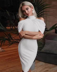 Detail of white halter neck off-shoulder midi dress with elegant side sleeve draping