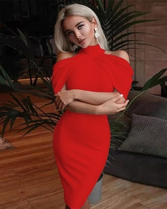 Detailed view of the red halter neck bodycon dress featuring a slim fit and midi length
