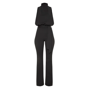 Elegant sleeveless high-neck black jumpsuit with waist tie and stylish flared leg design