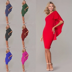 Elegante Vestito Bodycon Monospalla Con Manica a Mantella a Volant Sexy Vestito a Matita Midi Formale Per Matrimonio Festa