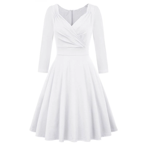 Detail view of white A-line cocktail dress with V-neckline and elegant mid-sleeves