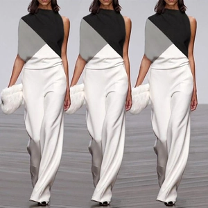 Women Sleeveless Color Block Jumpsuit Patchwork High Waist Wide Leg Pant Long Romper Overall Streetwear Fashion Jumpsuit